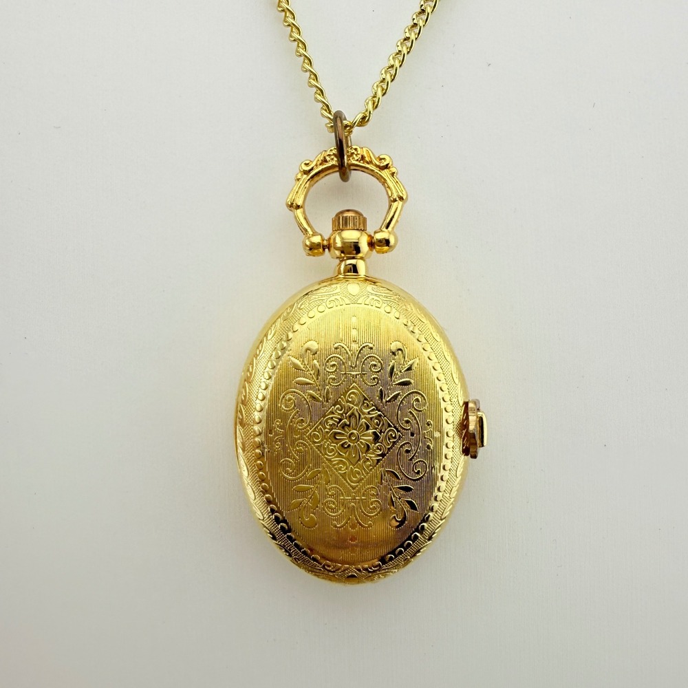 Vintage Gold Tone Locket Watch Necklace Engraved Floral Cottagecore